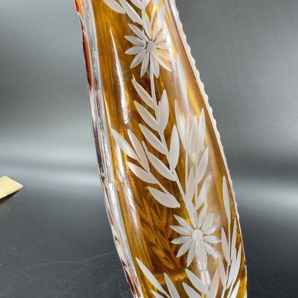 Vintage Czech Bohemian Glass Crystal Vase Vessel Amber Etching Floral Decor Vase - Picture 8 of 16